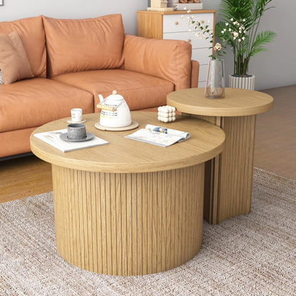 Nesting Coffee Table Set of 2, Wooden Round Coffee Table, Modern Circle Side Table, Accent End Side Table for Living Room, Office, Balcony