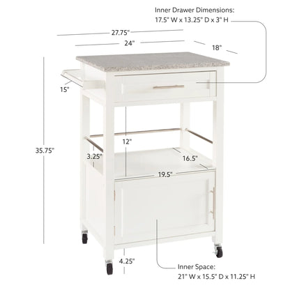 Linon Monett 2-Tier Mobile Serving Cart with Gray Granite Top, 27.75" Length, White