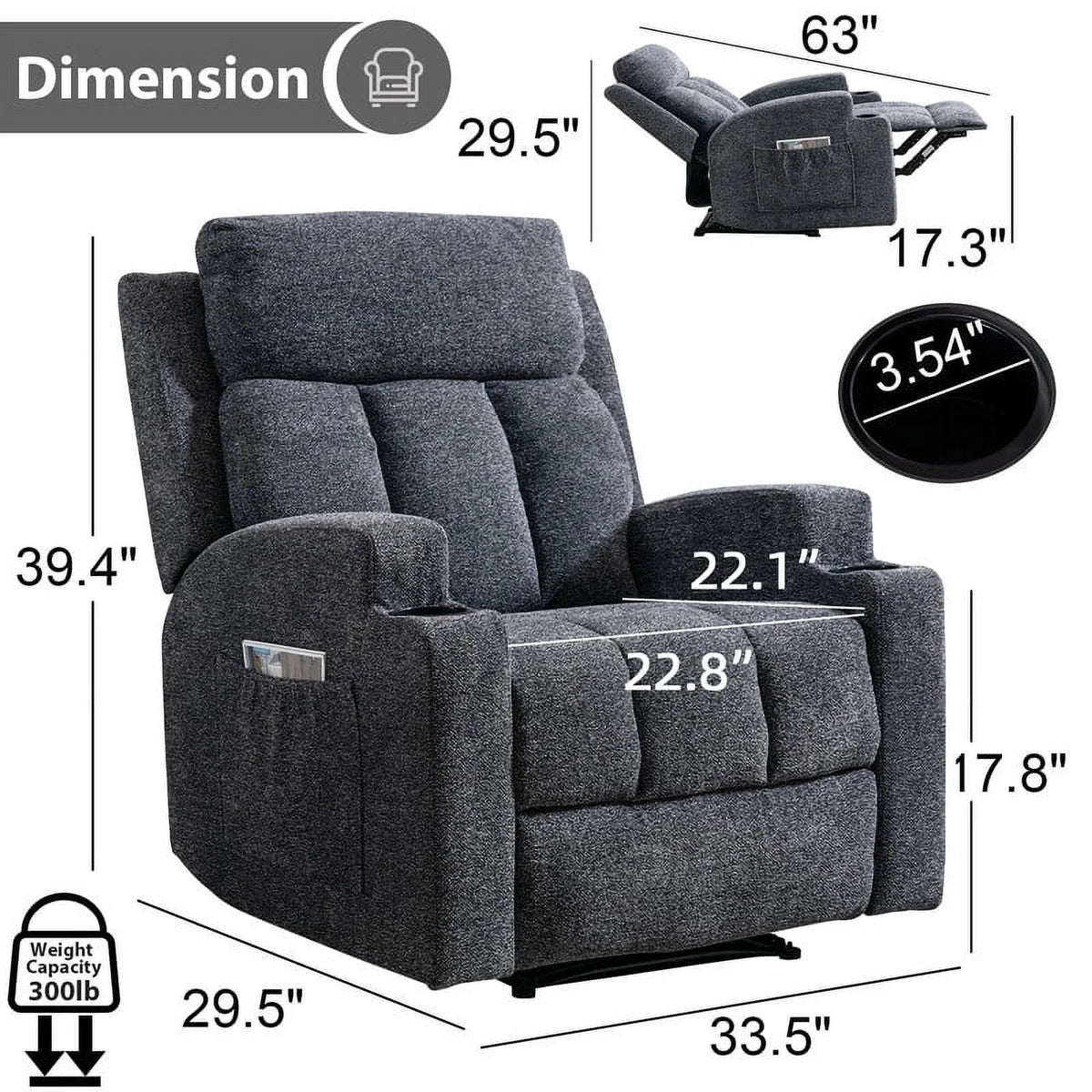 Bonzy Home Heated Manual Massage Recliner with Cup Holder Padded Breathable Fabric Recliner, Home Theater Seating��Navy