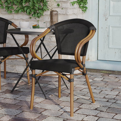 Flash Furniture Marseille Indoor/Outdoor French Bistro Stacking Chair with Arms Black/Natural