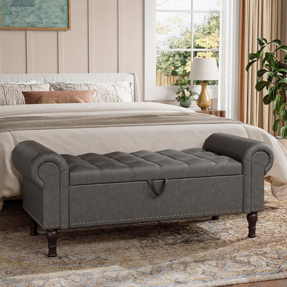 Gelloan Storage Ottoman Bench for Bedroom,Upholstered Bedroom Bench with Rolled Arms and Rivets, Storage Chest for Living Room,Grey,51 Inches