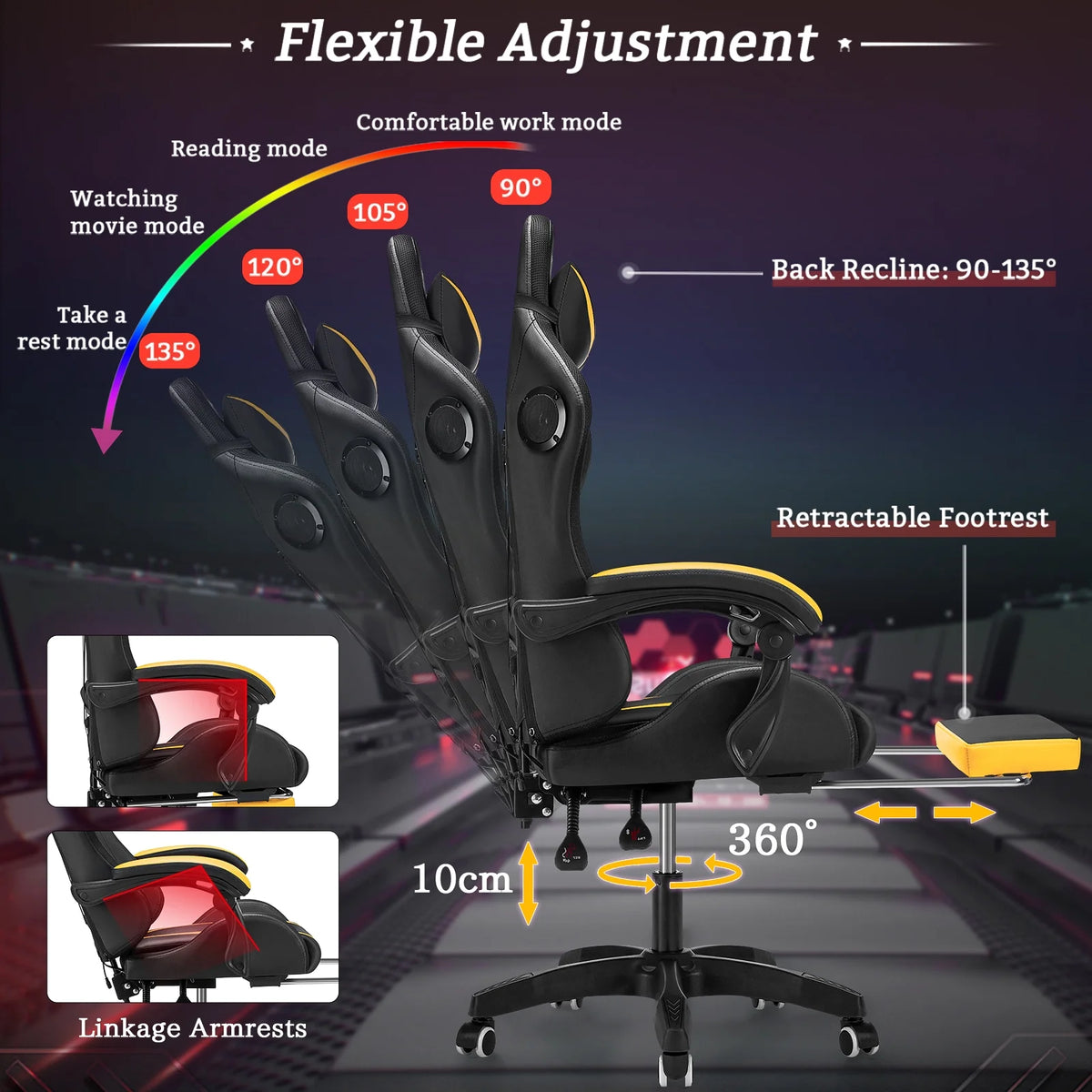 Hoffree Gaming Chair with Speakers PU Leather Office Chair with Footrest and LED Lights Ergonomic Gamer Chair with Massage Lumbar Support and Headrest Adjustable Swivel for Home Office 300lb