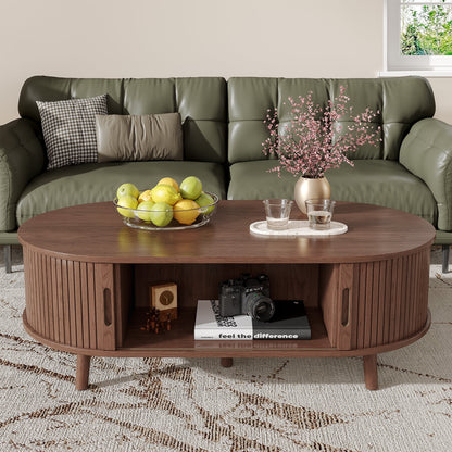 Oval Coffee Table, 42.5" Drum Coffee Table with Sliding Tambour Door, Fluted Accent Center Table with Storage, Mid Century Modern Coffee Table for Living Room, Center Table Walnut