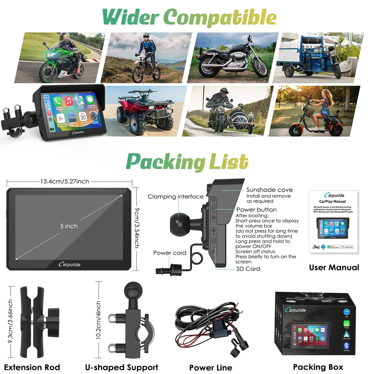 Carpuride W502 Wireless Carplay Screen Motorcycle Display Stereo Bluetooth Waterproof 5"Moto Radio