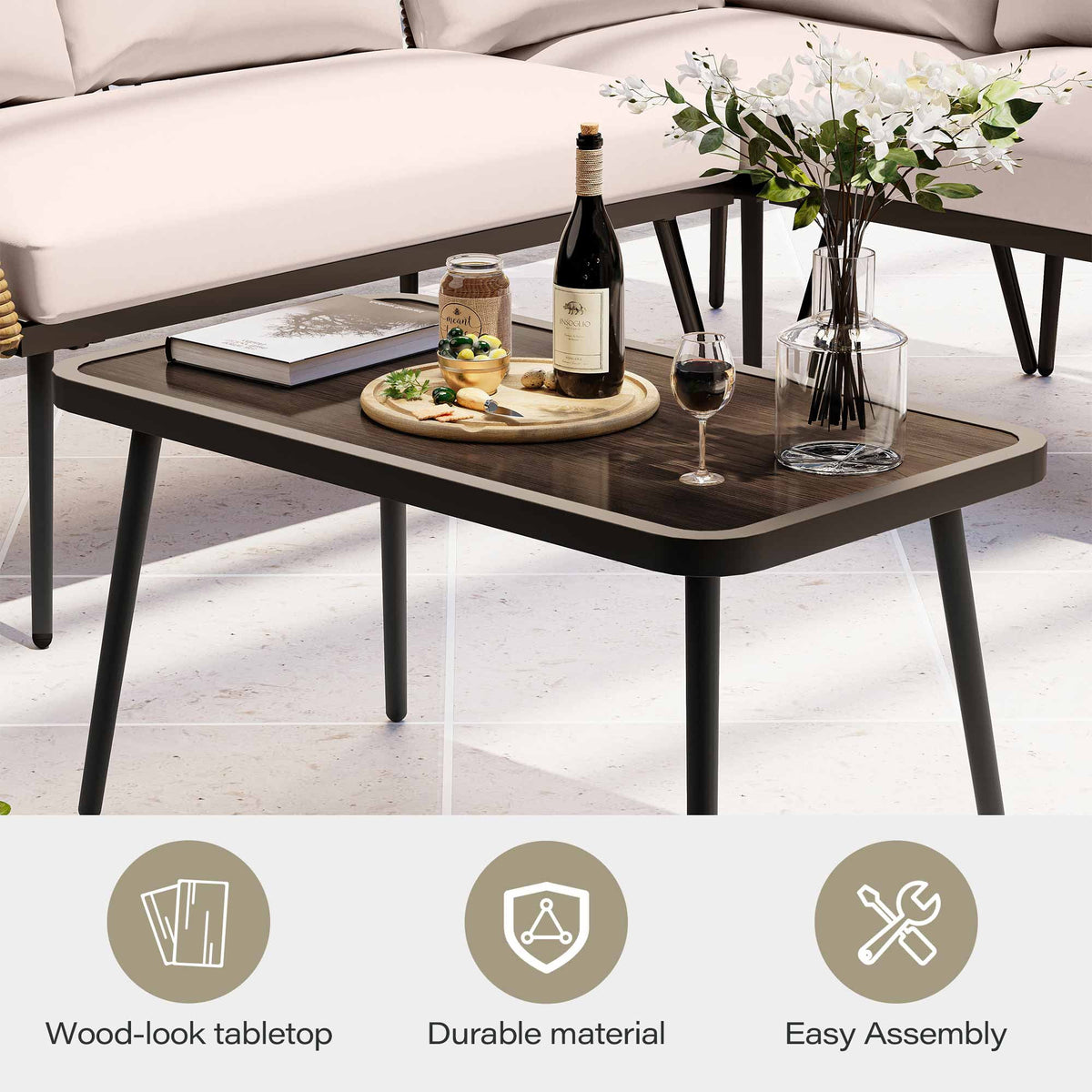 LAUSAINT HOME 4 Pieces Outdoor Conversation Sets, Patio Metal Frame Sofa with Wood Loveseat and Coffee Table, Beige Cushions