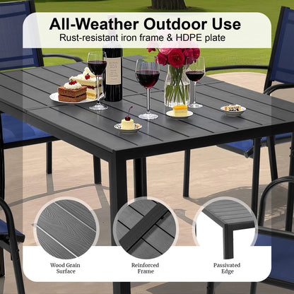 Seizeen 7-Piece Outdoor Table and Chairs, Patio Table Set with 6 Rattan Chairs, All-weather Outdoor Patio Dining Sets Rectangular Metal Table with Acacia Wood Top, Umbrella Hole, Gray