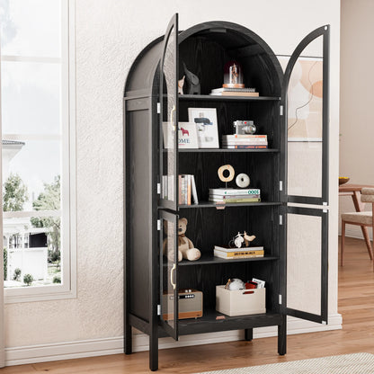 Tall Arched Storage Display Cabinet 5-Shelf with Acrylic Glass Doors, Kitchen Pantry Storage Cabinet Accent Cabinet Bookcase for Living Dining Room