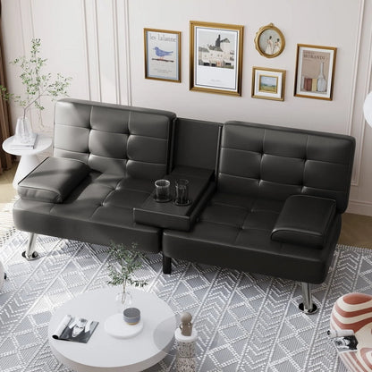 Furmax Futon Sofa Bed Convertible Folding Faux Leather Couch with 2 Cup Holders,Black