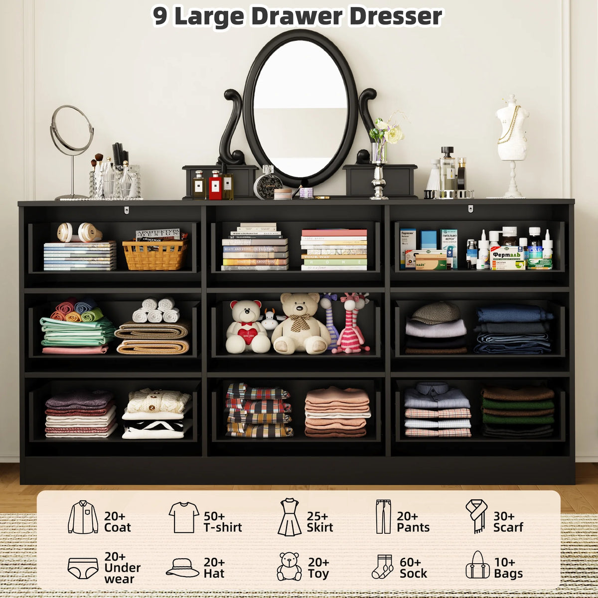 Winkalon 9 Drawers Double Dresser, Modern Wood Dresser Chest of Drawers with Large Storage Space for Bedroom,Living Room, Hallway, Black