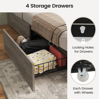 Twin Bed Frame with 4 Storage Drawers and Charging Station, Farmhouse Wooden Led Twin Bed with Storage Hidden Space Headboard and Metal Slats, Gray