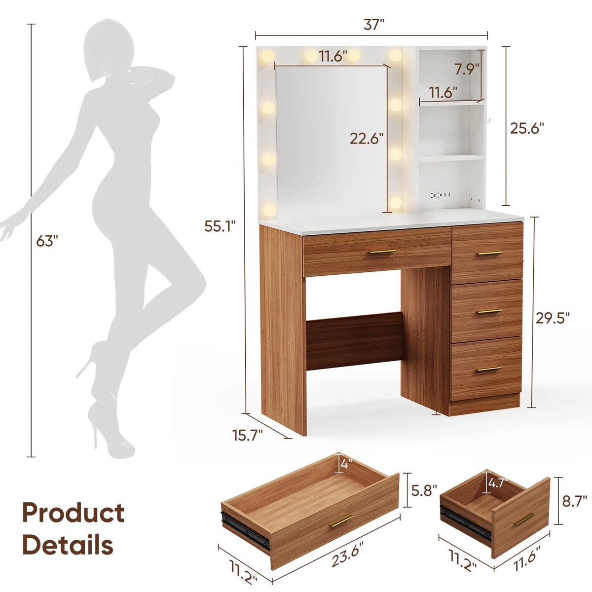 Cottinch Vanity Desk 3 Color Lighted Mirror,Makeup Dressing Table with 4 Drawers and Storage Shelves,2 Outlets,2 USB Ports,White