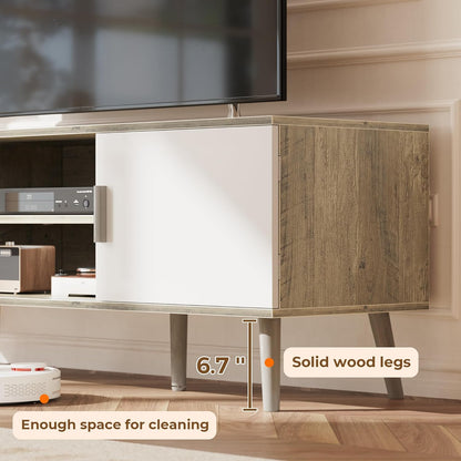 LL TV Stand for 55 Inch TV, Entertainment Center with Adjustable Shelf, 2 Cabinets, TV Console Table, Media Console, Solid Wood Feet, Cord Holes, for Living Room, Bedroom, White