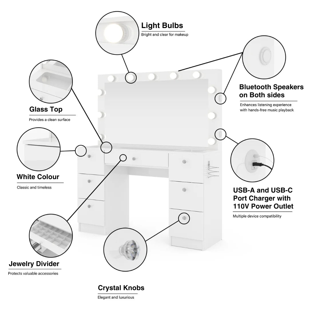 Ember Interiors Ibbie White Makeup Vanity with Glass Top, Lights, Charging Station