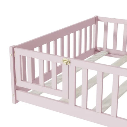 Bellemave Full Size Floor Bed with Door and Fence Floor Bed with Bed Slats Sturdy Wood Floor Bed Montessori Bed Frame (Full, Pink)