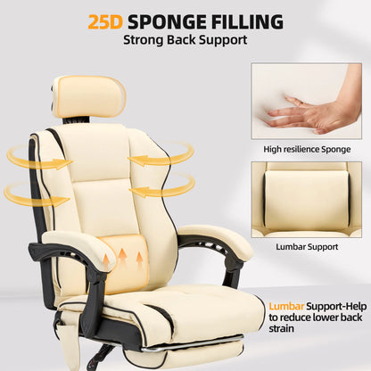 HOMREST 6-Point Massage Office Chair with Footrest, Heated Executive Office Chair with Reclining Backrest, Ergonomic Gaming Chair with Padded Armrest, Off-White
