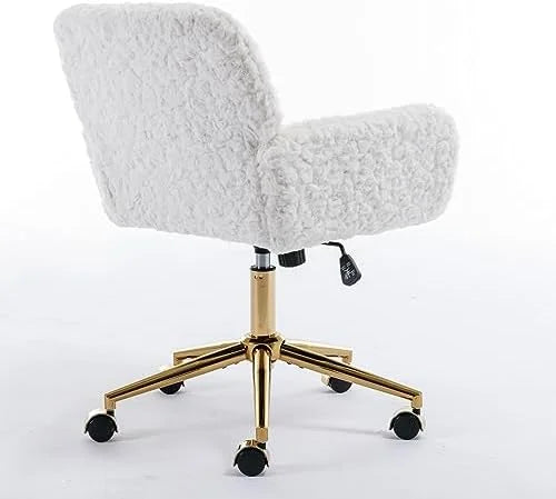 Fluffy Desk Chair,Height Adjustable Vanity Chair with Wheels,Comfortable Faux Fur Desk Chair with goldenn Base, Arm Chair for Bedroom,Living Room,Vanity,Office