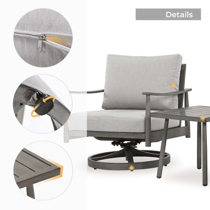 HAPPATIO Aluminum Outdoor Furniture Set - 5 Pieces Patio Furniture Set Includes 1 Side Table, 2 Swivel Chairs and 2 Ottomans with Thick Cushion, Patio Conversation Set for Backyard Poolside (Grey)