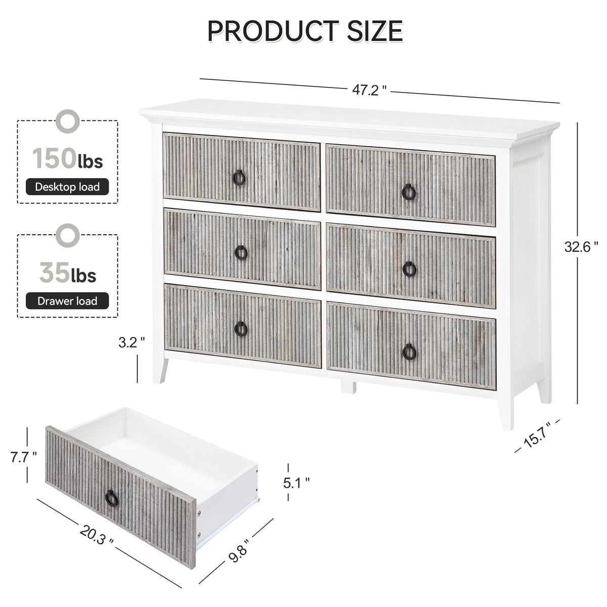 Homhougo White Dresser for Bedroom 6 Drawer, Wood Organizer Storage Cabinet with Gray Strip Drawer Door, Chest of Drawers for Closet, Living Room, Hallway, Nursery, Kids Bedroom