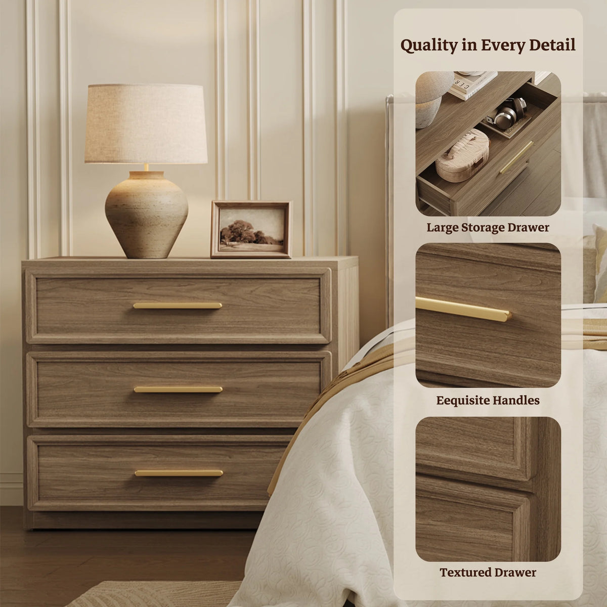 SICOTAS 31.3" W 3-Drawer Nightstand Set of 2 with Oversized Large Storage , Modern Night Stands Bedside Table with Adjustable Feet & Gold Handles for Bedroom Living Room Entryway, Light Oak