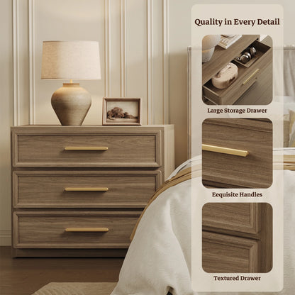 SICOTAS 31.3" W 3-Drawer Nightstand Set of 2 with Oversized Large Storage , Modern Night Stands Bedside Table with Adjustable Feet & Gold Handles for Bedroom Living Room Entryway, Light Oak