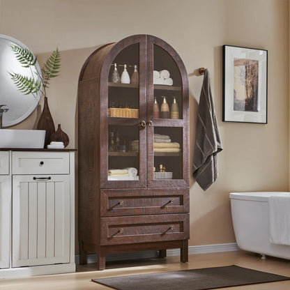IFGET 71-Inch Arched 4-Tier Bookcase with Glass Doors and Drawers