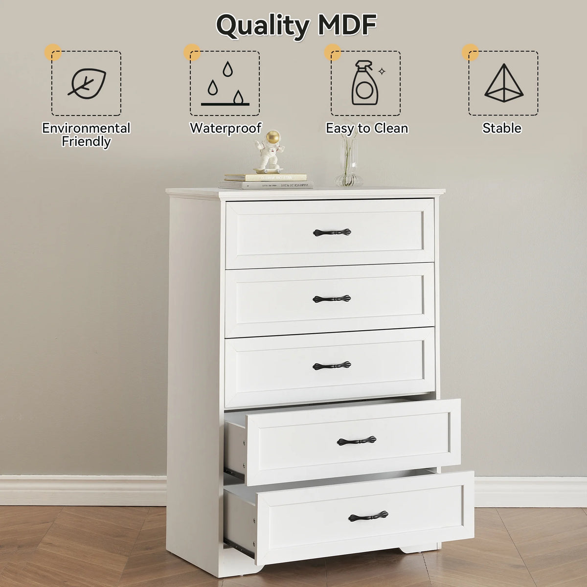 Luku Modern 5 Drawers Dresser, Chest of Drawers Closet Organizers and Storage Clothes, White