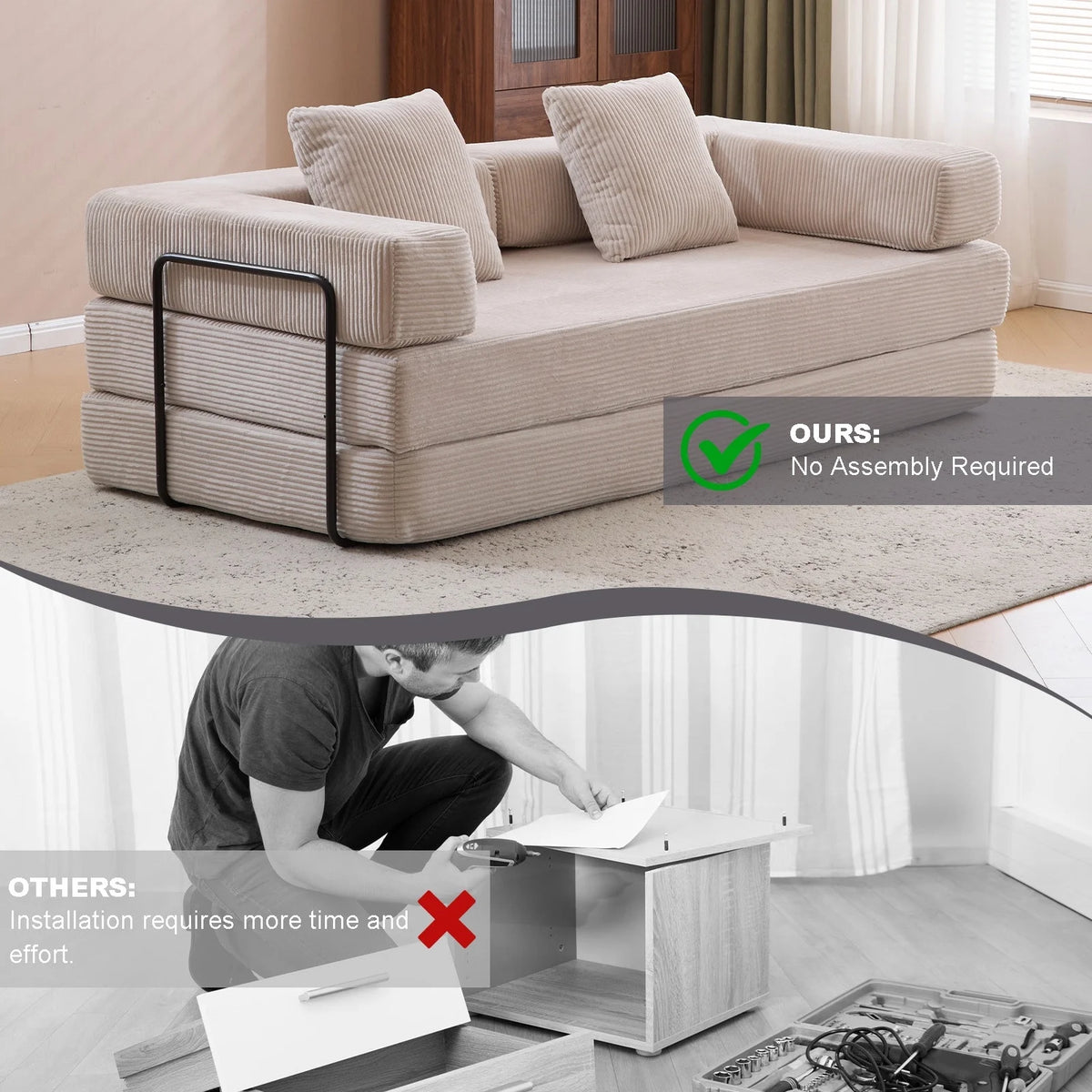 Taicans ?Convertible Floor Sofa Bed - 3 Seats Foldable Corduroy Futon Couch w/Pillow Support,Space-Saving Guest Bed for Living Room,Dorm,No Assembly Compressible Foam Mattress (Gray,76.7Inch L)