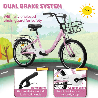 20 Inch Kids Bike for Boys Girls, 1 Speed Children Bicycle with Basket, Rear Seat, Chain Guard, Coaster Brake and V-Brake, Steel Frame Kids Bike for Ages 6-12 Years Old Birthday Gift, Purple