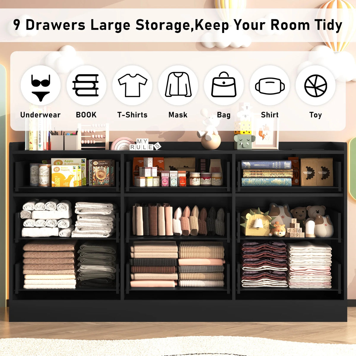 9 Drawer Dresser for Bedroom with Power Outlet, 63" Large Dresser with LED Light, Wooden Dresser For Closet, Chest of Drawers with Raised Edges