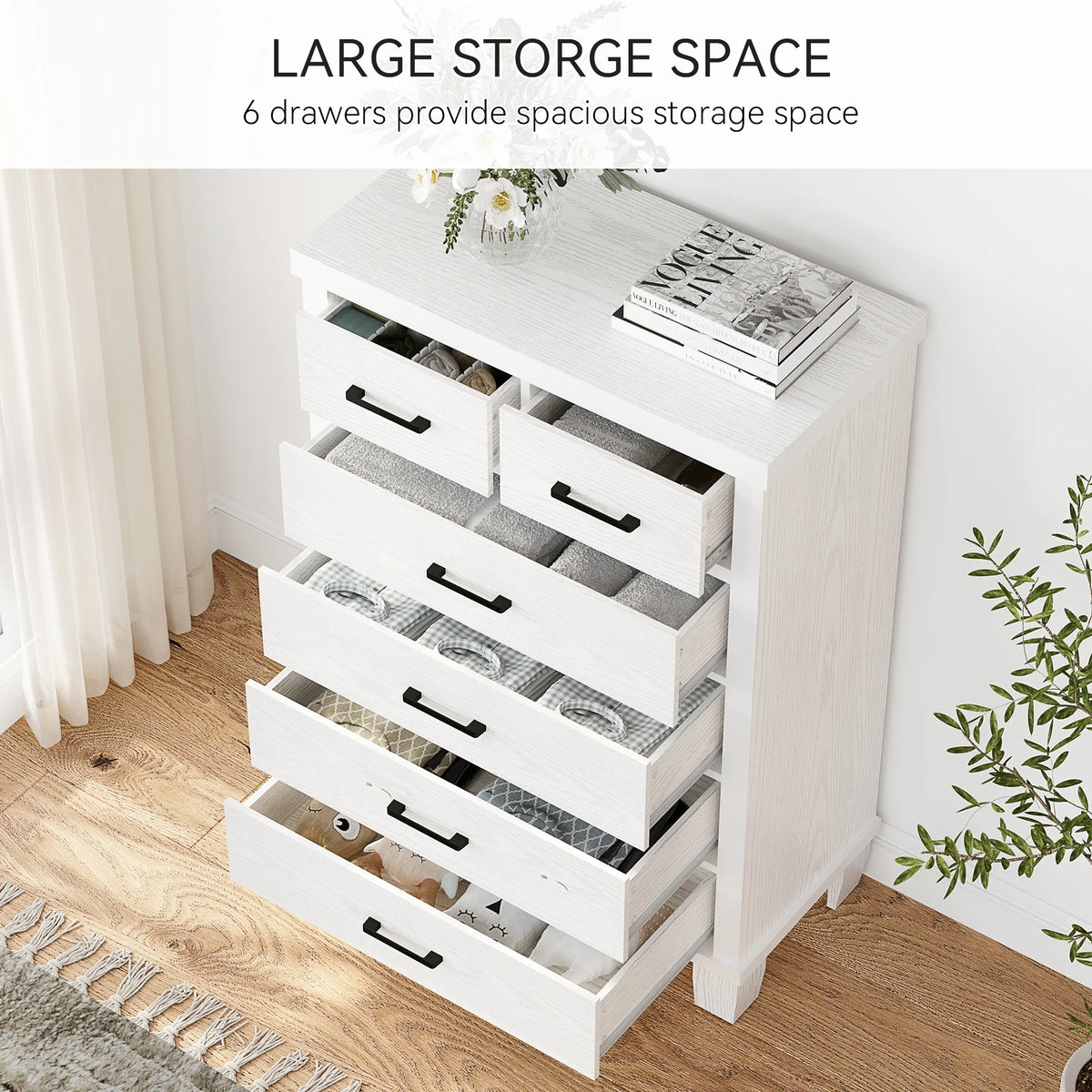 Homhougo White Dresser for Bedroom 6 Drawer, Wood Organizer Storage Cabinet with Gray Strip Drawer Door, Chest of Drawers for Closet, Living Room, Hallway, Nursery, Kids Bedroom
