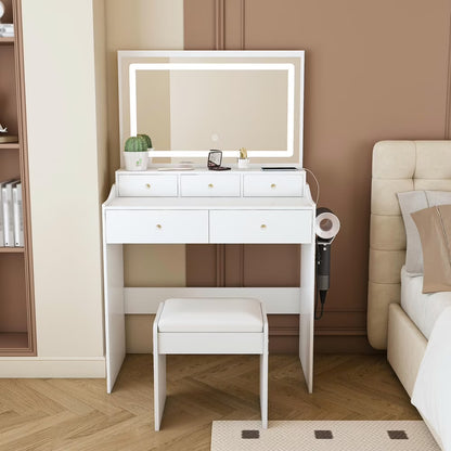 Kadyn Vanity Desk with Lighted Mirror, Vanity Table and Chair Set with 2 Drawers, Dressing Table Makeup Desk with 1 Door, Retro Gray