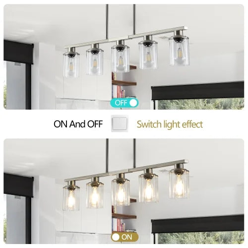 ACE-LIGHTS,Modern Industrial 5-Light Chandelier with Clear Glass Shades(Bulbs Not Included),Hanging Ceiling Light Fixture for Living Room,Dining Room,Kitchen Island(Black)