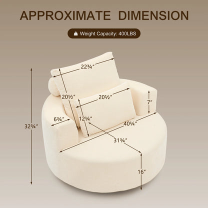 Fumahaus Upholstered Swivel Accent Chair, Oversized Comfy Round Sofa Chair with Two Pillows, Leisure Sofa Chair for Living Room Bedroom, Beige