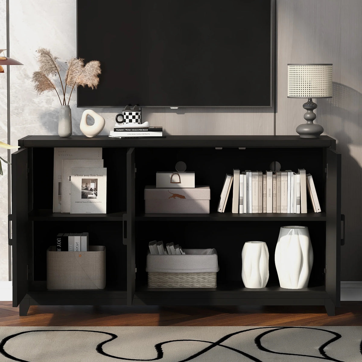 Euroco Modern TV Stand with Adjustable Shelves & Solid Wood Legs �C Media Console Cabinet with Storage for Living Room or Bedroom