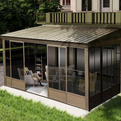TOTAL Outdoor 10'x12' All-Season Sunroom Gazebo with Steel Roof, PVC Screen, Front & Side Door, Brown