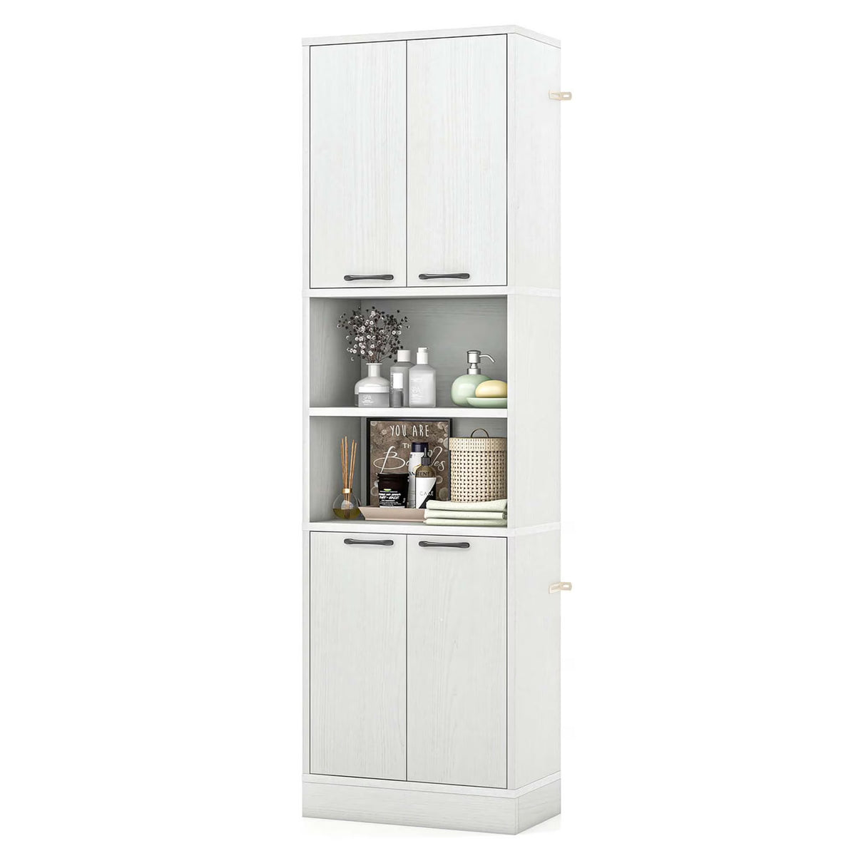 Costway 75" Tall Bathroom Storage Cabinet with 4 Doors & 2 Open Compartments Freestanding White