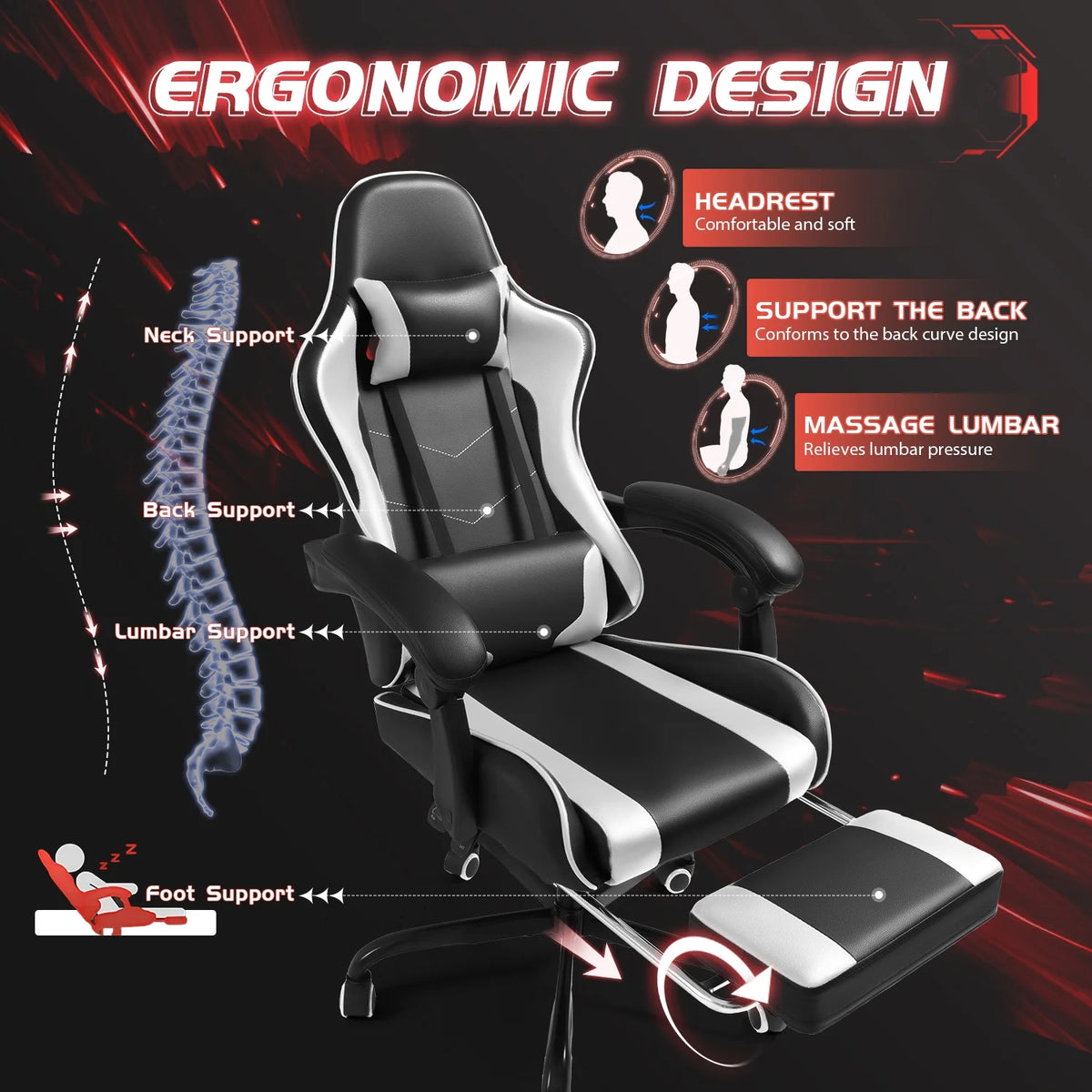Lacoo PU Leather Gaming Chair Massage Ergonomic Gamer Chair Height Adjustable Computer Chair with Footrest & Lumbar Support, White