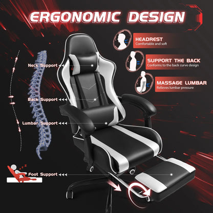 Lacoo PU Leather Gaming Chair Massage Ergonomic Gamer Chair Height Adjustable Computer Chair with Footrest & Lumbar Support, White