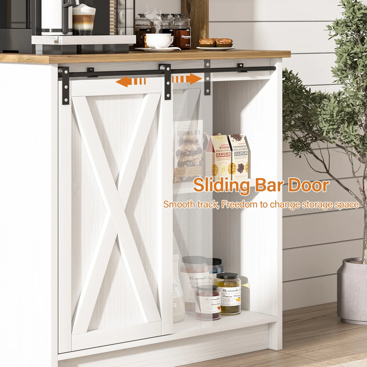 Catrimown Coffee Bar Cabinet, Barn Door Sideboard Buffet Cabinet with Storage, White