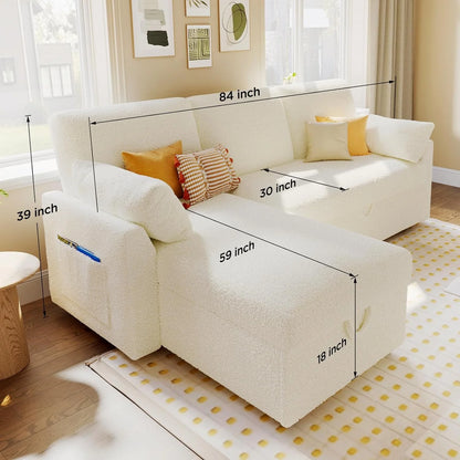 VANACC Sofa Bed, Convertible Sleeper Sofa-2 in 1 Pull Out Couch Bed, L Shape Sofa with Storage Chaise, White Boucle Couch for Indoor