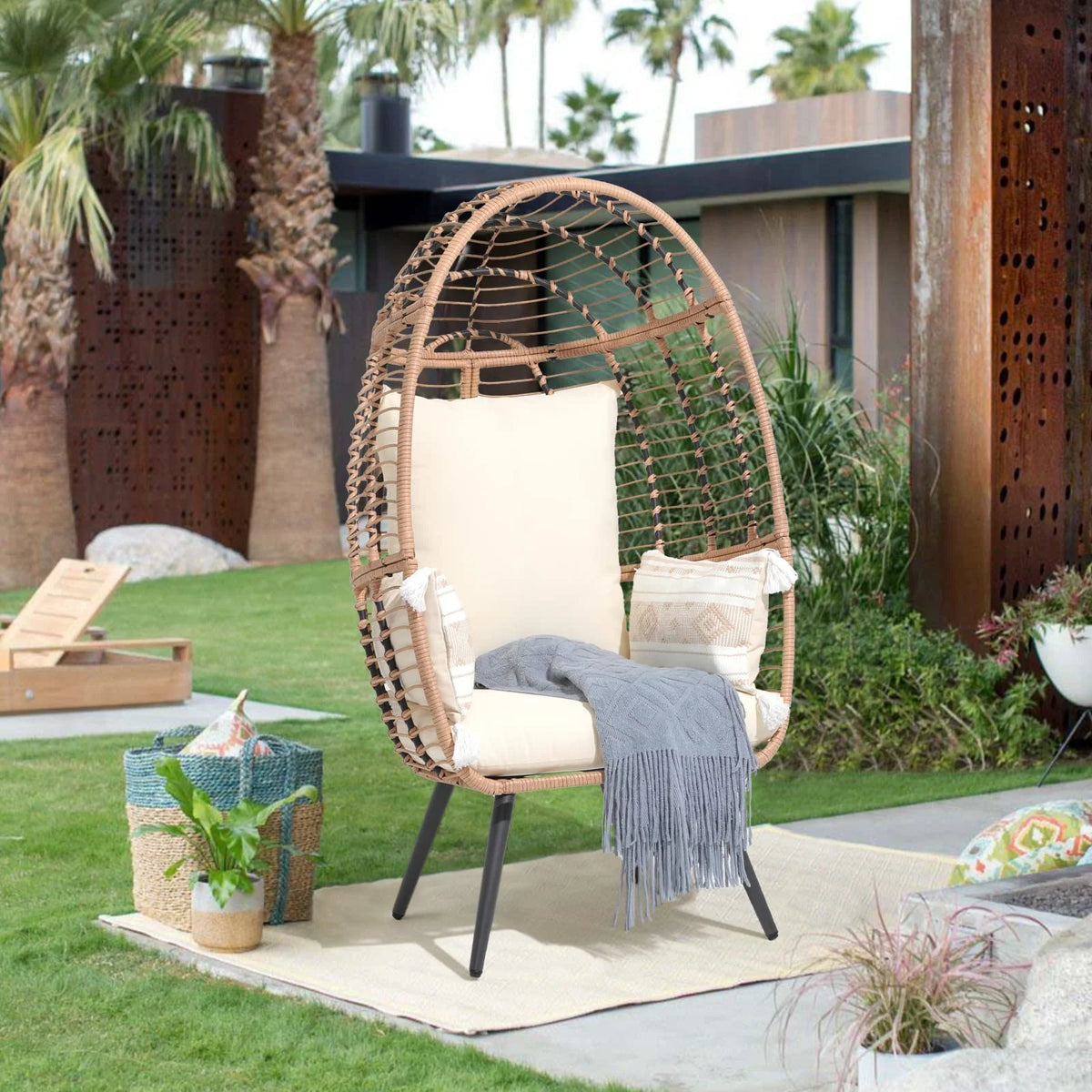 Indoor Outdoor Swing Egg Chair with Stand, Patio Foldable Grey Wicker Rattan Hanging Chair with Cushion, Light Gray