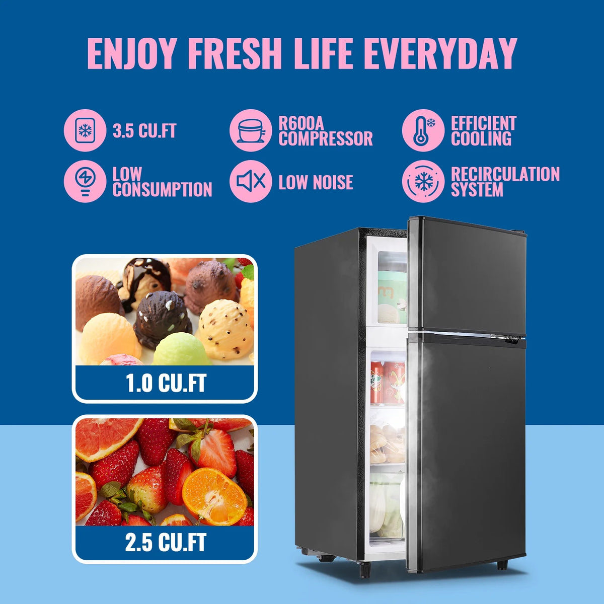 WANAI 3.5 Cubic feet Small Refrigerator with Freezer on Top Double Door Mini Fridge New White