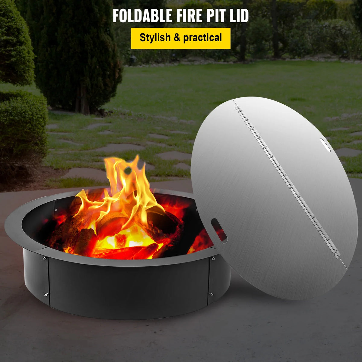 BENTISM Fire Pit Lid Round 40 Inch Foldable Fire Pit Ring Snuff Cover 430 Stainless Steel Fire Pit Spark Screen Cover 3mm Thickness