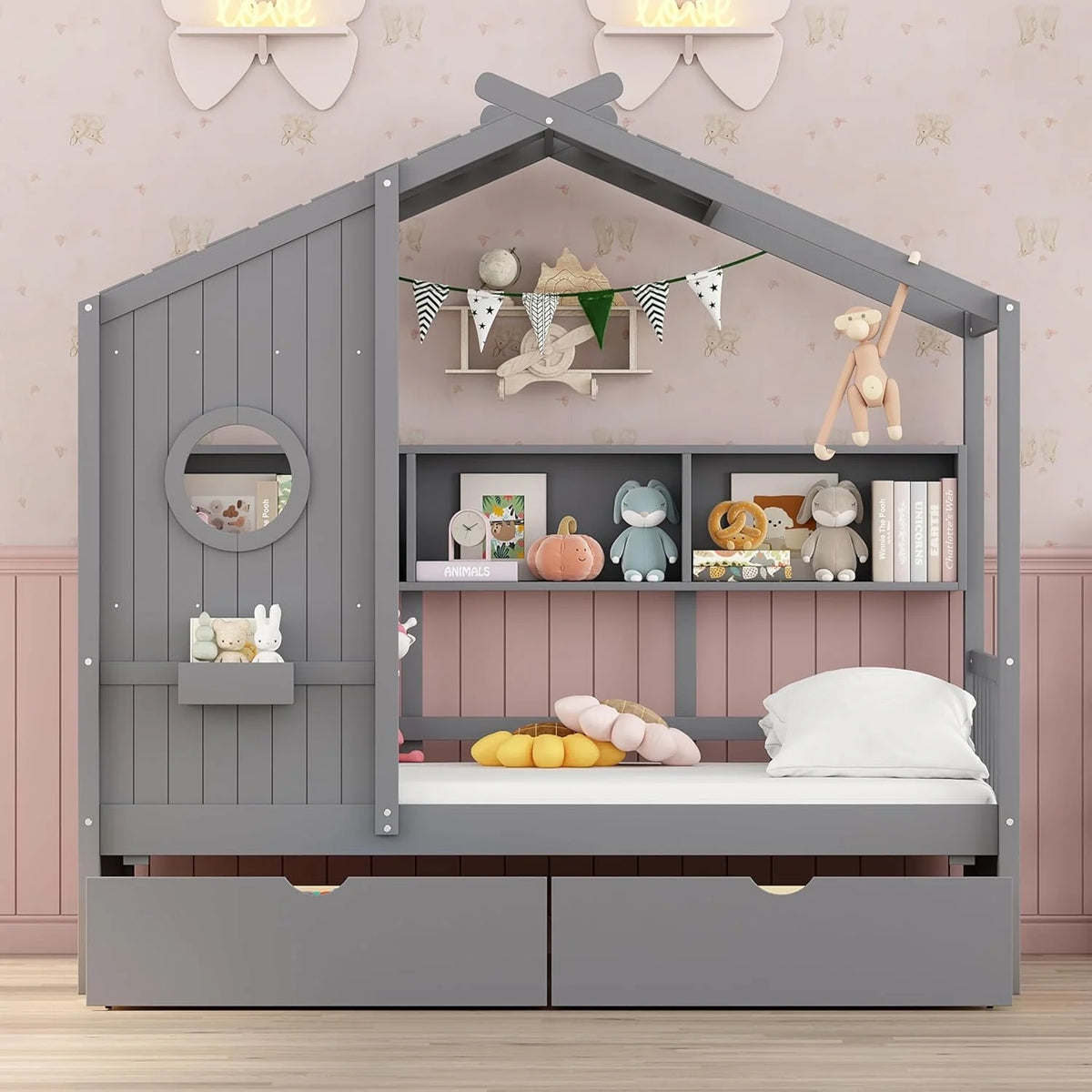 Bellemave House Bed with 2 Drawers and Storage Shelves, Wood Full Size Montessori Bed Frame with Roof and Window, Playhouse Bed for Bedroom (White)