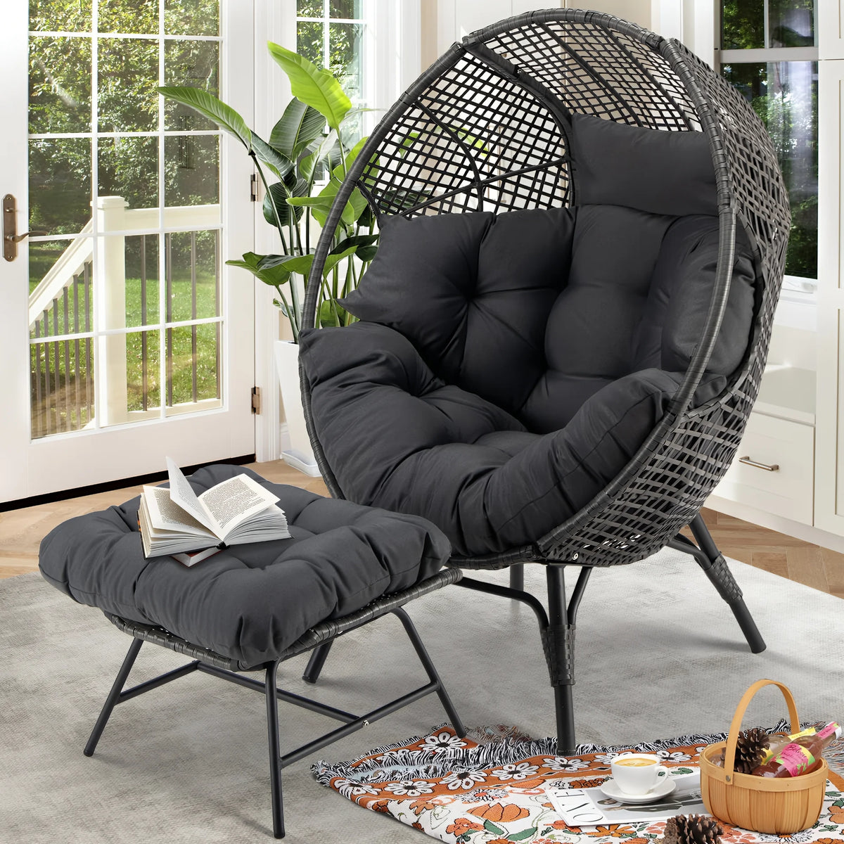 RADIATA 440 lbs Outdoor Egg Chair with Foot Rest & Ottoman, Wicker Patio Egg Chair for Indoor or Garden,Beige