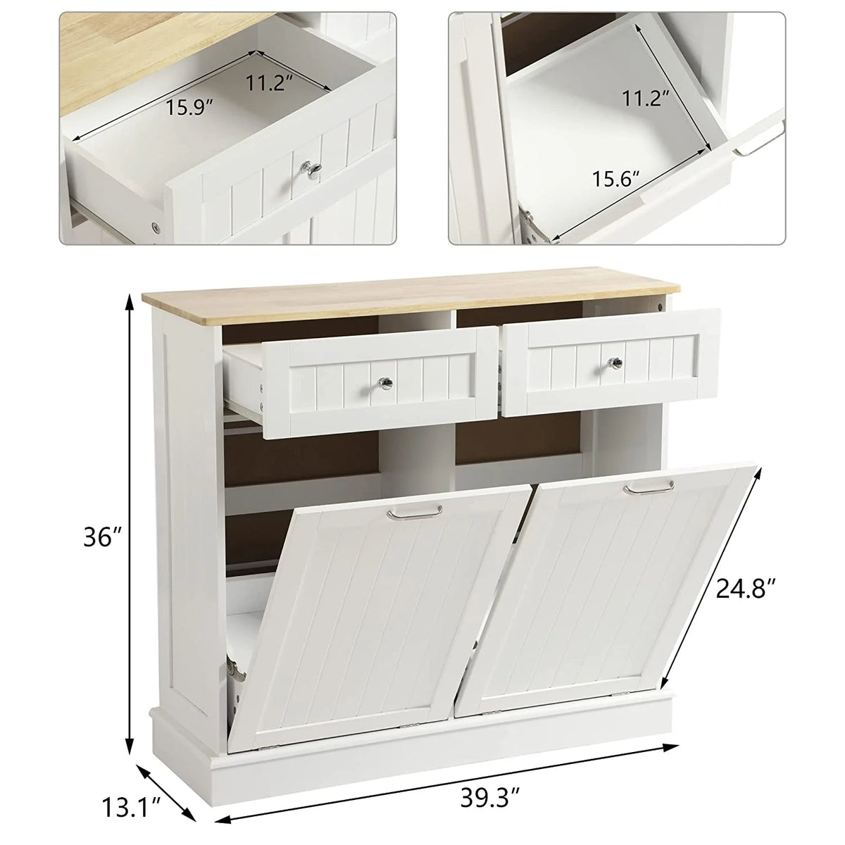KIGOTY Dual Kitchen Trash Cabinet, Double Tilt Out Trash Can Cabinet with Countertop and Drawer, Free-Standing Pet Proof Recycling Cabinet Garbage Can Holder, Wood (White)