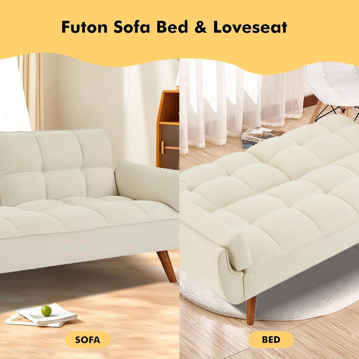 Mydepot Convertible Futon Sofa Bed, Adjustable Couch Sleeper Modern Fabric Recliner Reversible Loveseat Folding Daybed Guest Bed, Armrests, Yellow