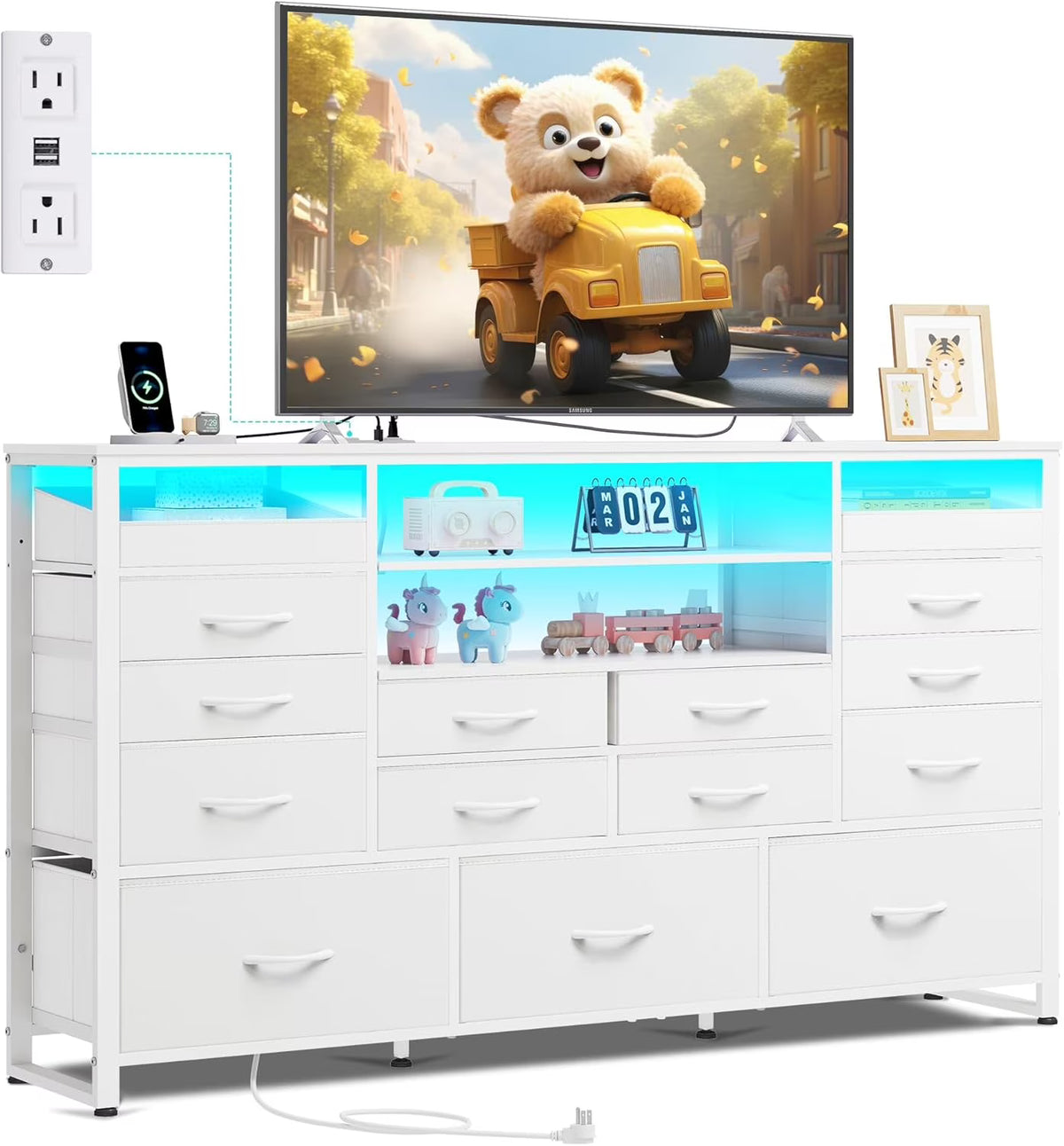 Black TV Stand for 55, 60, 65 inch TV, Entertainment Center with LED Lights & Charging Station, TV Media Console Table with 15 Fabric Drawers and Open Shelves for Living Room, Hallway, Wood Topm