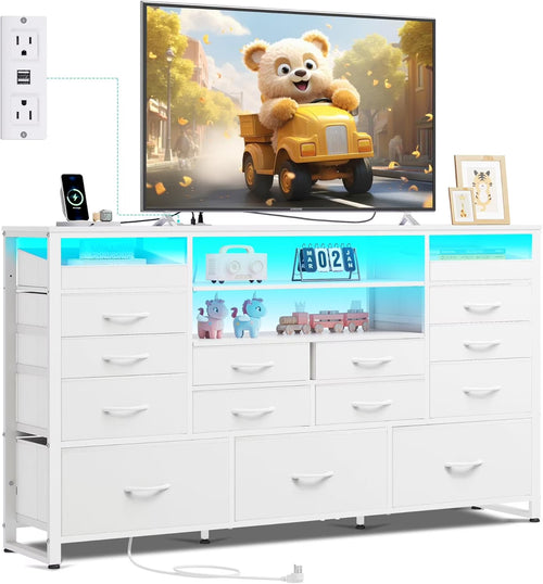 Black TV Stand for 55, 60, 65 inch TV, Entertainment Center with LED Lights & Charging Station, TV Media Console Table with 15 Fabric Drawers and Open Shelves for Living Room, Hallway, Wood Topm