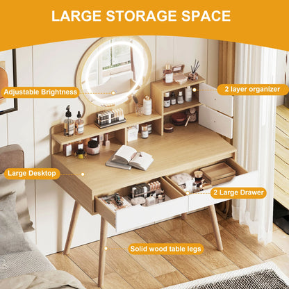 Montary Modern Mini Vanity w/Adjustable LED Mirror + Hidden Storage, Padded Stool & Dustproof Shelves (White)